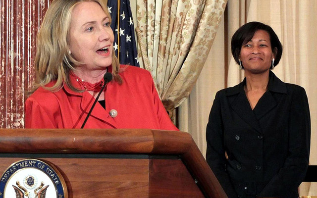 Hillary Clinton, when Secretary of State, flanked by Cheryl Mills, her chief of staff. Graham corresponded a lot with Mills about Haiti’s politics. Mills forwarded some emails to Hillary.