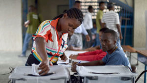 A Haitian voting station on Nov. 20, 2016. After the fall of the Duvalier dictatorship in 1986, Haiti’s poor majority turned out en masse for general elections, but that cycle appears to be broken. Today, Haiti ranks among the lowest worldwide in terms of voter participation. Credit: Hector Retamal/AFP/Getty Images 