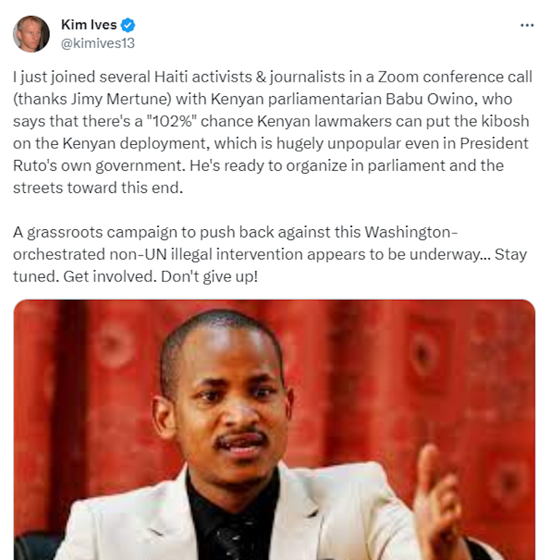 Kim Ives’ Oct. 5 tweet about opposition leader Babu Owino saying that the Kenyan parliament and street demonstrations could block Ruto’s plan to lead the MSS.
