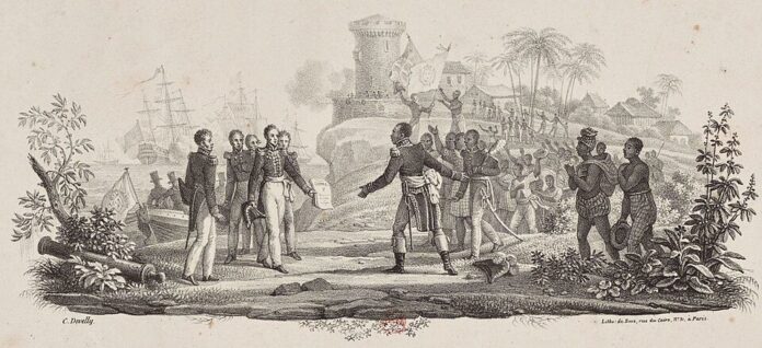 Le_baron_de_Mackau_apportant_au_président_haïtien_J.-P._Boyer_l'ordonnance_de_Charles_X_exigeant_le_paiement_de_150_millions_de_francs_or_en_échange_de_la_reconnaissance_de_l'indépendance_d'Haïti,_le_11_