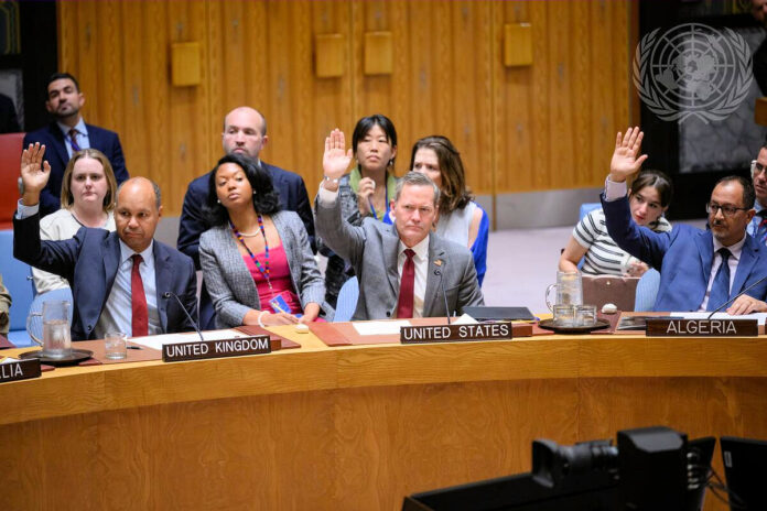 2025 09 30 UK, US, and Algerian ambassadors voting for the GSF in the UN Security Council