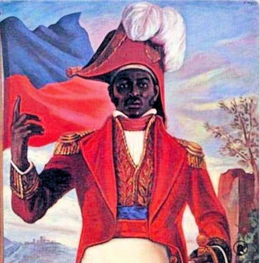 Jean Jacques Dessalines waist up portrait with flag