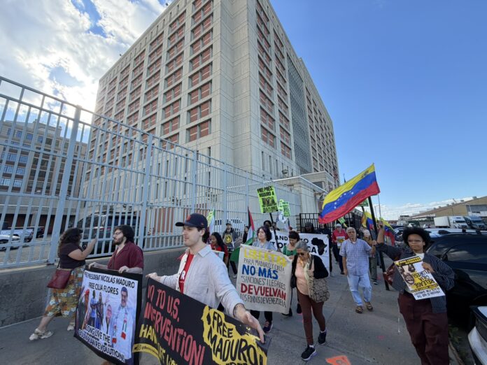 2026 10 3 Demonstrators march in front of jail holding Nicolas Maduro and Cilia Flores at the Brooklyn Detention Center in Sunset Park photo Kim Ives Haiti Liberte